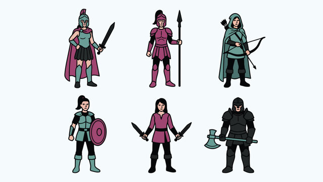 Set of six fantasy warrior characters with various weapons and armor, isolated on a white background.
