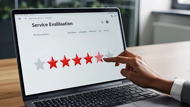 Customer Service Evaluation Rating Stars on Laptop Screen.
