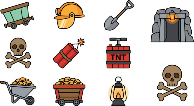 Mining industry icon set with tools equipment explosives gold cart helmet and underground mine elements illustration