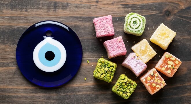 Blue Evil Eye Nazar Amulet and some Turkish delight lokum on wooden background Turkish culture top view