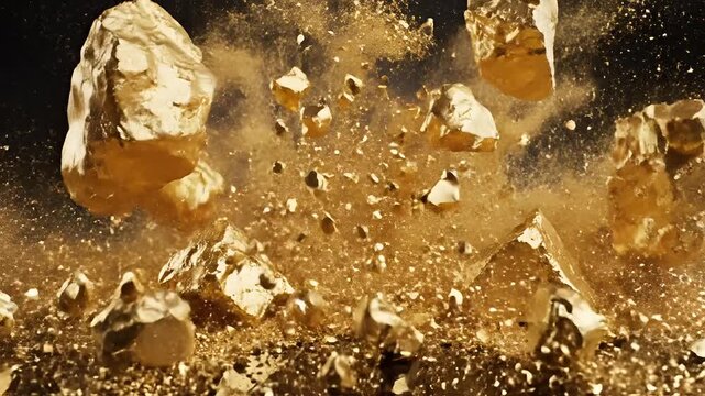 Explosion of Gold Nuggets and Rocks Revealing Precious Metal.