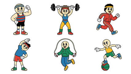 Fototapeta premium Set of retro cartoon characters exercising, including weightlifting, running, stretching, jumping rope, and playing with a ball.