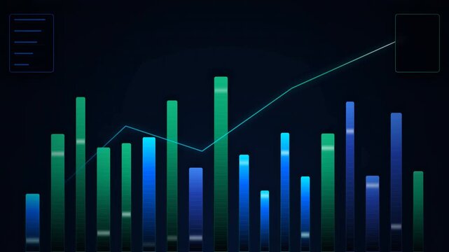 A digital graph displays ascending bars in green and blue with a glowing line trend, set against a dark background, indicating data growth