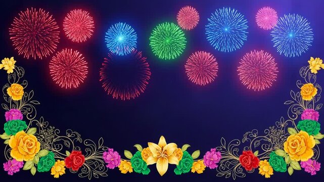 Colorful fireworks display set against a dark night sky. Decorative floral frame with blooming flowers for festival celebration. Religious event background template.