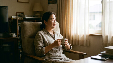 Fototapeta premium Relaxed senior Asian woman holding mug indoors
