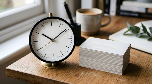 Minimalist Desk Clock and Blank Business Cards Stack on Wooden Table.
