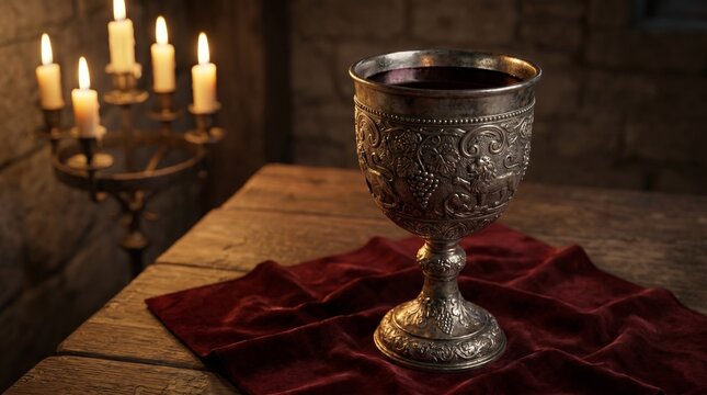 Ornate silver chalice filled with red wine on a wooden table with velvet cloth and lit candles in a medieval setting.