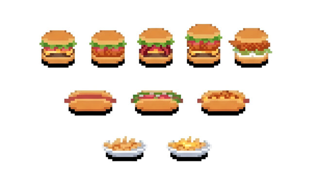 Pixel Art Fast Food Vector Collection, Retro 8 Bit Hamburger Hotdog and Fries Asset