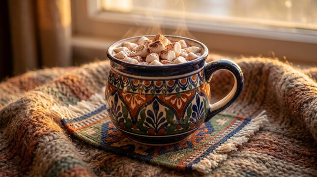 Cozy steaming mug of hot chocolate with mini marshmallows and cocoa powder on a knitted blanket by a sunlit window.
