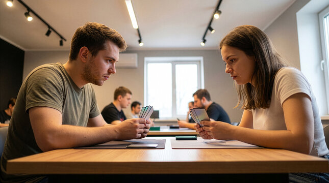Young adults playing trading card game together