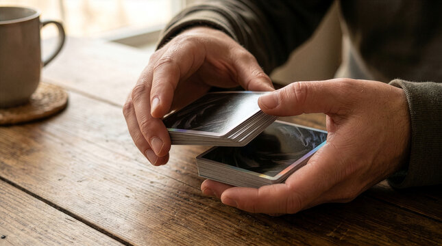 Close up of hands shuffling trading cards
