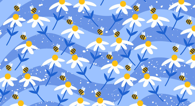 Cute Honey Bee and Chamomile Daisy Flowers Seamless Pattern. Illustration Vector