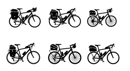 Obraz premium Set of six bicycle silhouettes with panniers and bags.