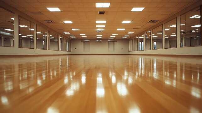 Spacious dance studio with mirrored walls and polished wooden floor for fitness and movement activities