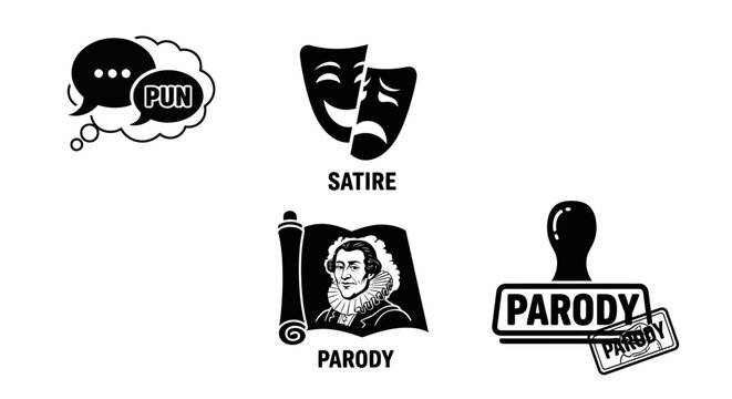 Collection of icons representing satire and parody concepts.