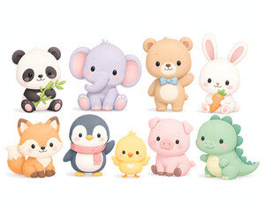 Fototapeta premium Cute Animal Collection: A delightful assortment of kawaii-style cartoon animals, including a panda, elephant, bear, rabbit, fox, penguin, chick, pig, and dinosaur, all rendered in soft pastel colors.