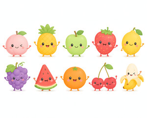 Fototapeta premium Kawaii Fruit Collection: A vibrant assortment of ten adorable cartoon fruit characters, each with a unique personality and expressive face, gathered together in a cheerful display.