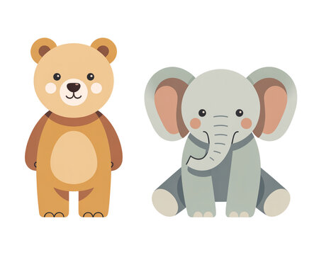 Cute brown teddy bear and gray stuffed elephant toy sitting together Vector
