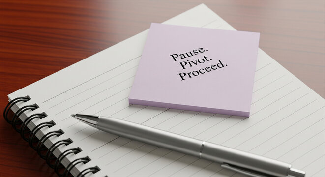 Motivational business quote on sticky note, Pause Pivot Proceed text on pink paper, office desk with notepad and pen for productivity and strategy