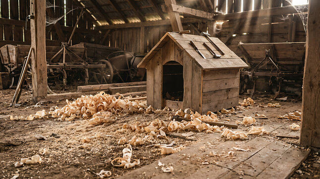 Rustic wooden doghouse surrounded by wood shavings inside a sunlit barn