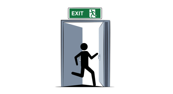 Person running through an open door towards an exit sign.