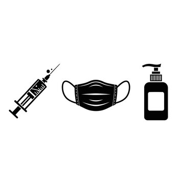 Medical syringe face mask and hand sanitizer icons 1.