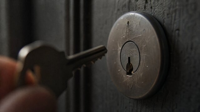 misaligned. A metal key slightly misaligned with a door lock's keyhole in dim light. product launch decks, UI/UX mockups, designed for data visualization dashboards and holographic UIs.
