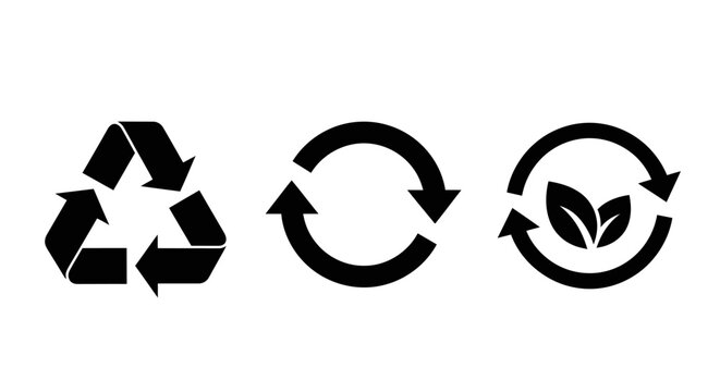 Recycling symbols and circular arrows with leaves.