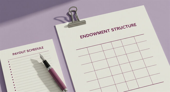 Endowment structure document on purple background, payout schedule with fountain pen, financial planning and investment strategy paperwork