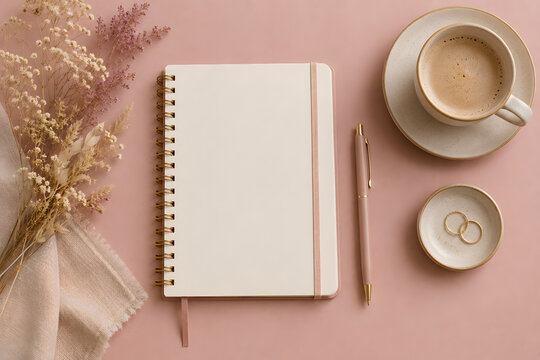 Wedding Planning Essentials: A stylish flat lay featuring a blank notebook, a pen, a cup of coffee, dried flowers, and two delicate rings, perfect for documenting wedding plans and dreams.
