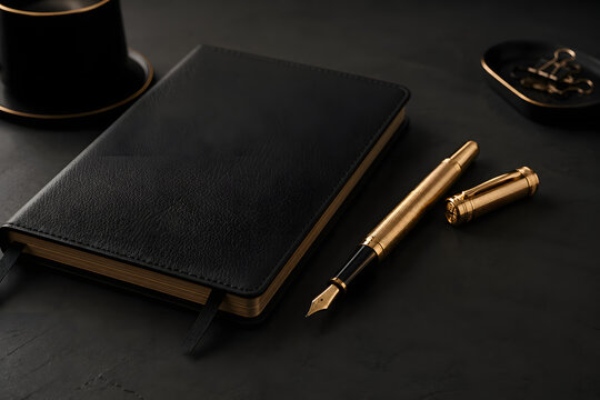 Luxury Writing Set: A sleek black leather-bound journal rests beside a sophisticated gold fountain pen and its cap, exuding an aura of elegance and classic style for your writing endeavors.