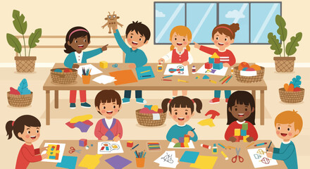 Diverse children enjoy creative arts and crafts projects together in a bright, well-equipped classroom environment full of supplies. © Hulu