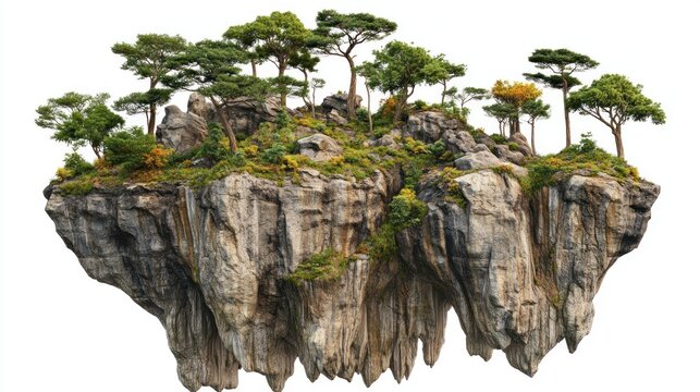 Floating island teeming with trees and rocks. Lush vegetation covers rocky terrain