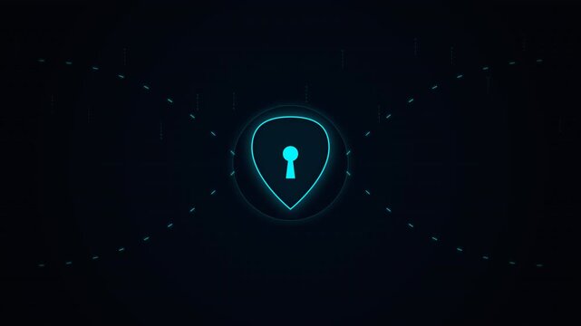 Digital icon of a keyhole inside a circular pointer, glowing in blue against a dark background with dotted and dashed lines radiating outward