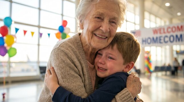Elderly woman giving a warm hug to a young boy, smiling, happy reunion, tender moment, indoor setting, festive background, homecoming celebration