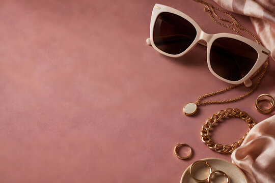 Chic Accessories Flatlay: A stylish ensemble of feminine accessories, including sunglasses, jewelry, and a silky scarf, arranged artfully on a soft pink backdrop.