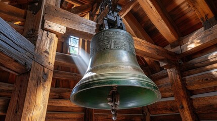 Obraz premium Antique bell in rustic wooden church tower. Sunlight streams through a window