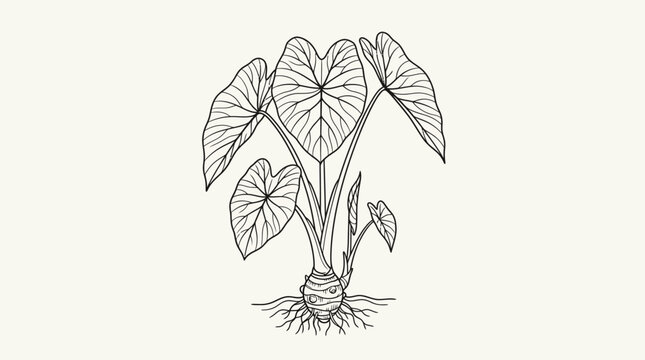 Taro Plant Outline Illustration, Tropical Leaf, Root Vegetable, Botanical Drawing