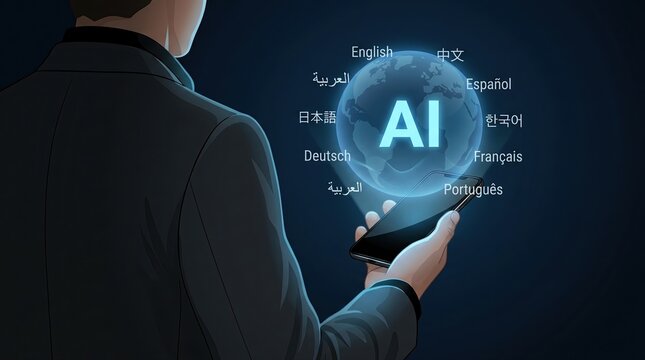 AI multilingual translation interface with global language support on smartphone