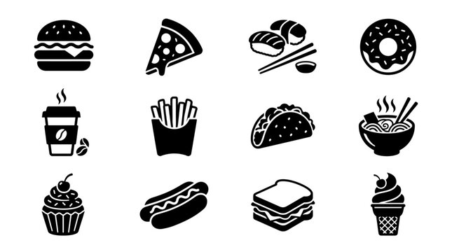 Silhouette vector set of twelve food icons  bold black shapes  minimal flat silhouette style  burger  pizza  sushi  donut  coffee  fries  taco  ramen  cupcake  hotdog  sandwich  ice cream  clean spaci