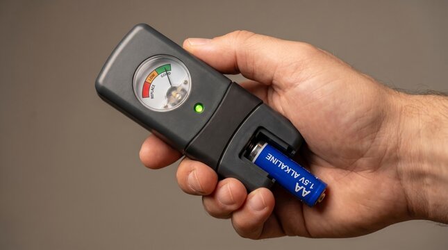 AA alkaline battery being tested with handheld digital battery tester showing good charge