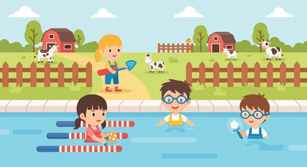Fototapeta premium Children playing in a pool near a farm with red barns, cows, and a girl holding a shovel, creating a cheerful outdoor summer scene for kids.