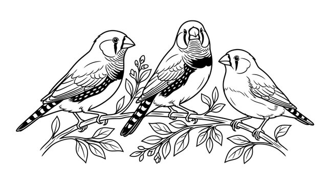 Three Zebra Finches Perched on a Branch, Line Art Illustration