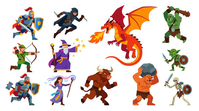 Twelve medieval fantasy characters in modern flat illustration style  heroes and monsters with dynamic poses  simple geometric details
