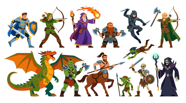 Twelve medieval fantasy characters in modern flat illustration style  heroes and monsters with dynamic poses  simple geometric details