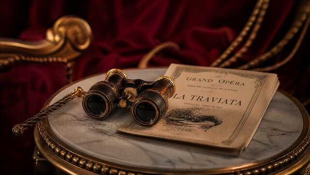 playbill. Vintage opera glasses and a playbill on a table with a red velvet background. event programs, museum guides, designed for cultural heritage projects and event programs, supports education.