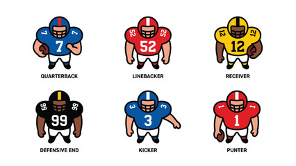Fototapeta premium Set of cartoon American football players, depicting various positions like quarterback, linebacker, and receiver, in a simple flat design.