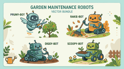Obraz premium Set of Cute Garden Maintenance Robots Vector Illustration Bundle.