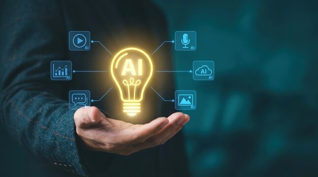 Hand holding glowing AI light bulb with digital icons and tech concepts