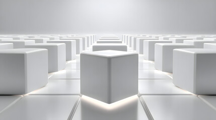 Fototapeta premium Minimalist Wide Shot of Several Brandless Matte White Cubes Arranged in Symmetrical Grid Pattern on Smooth Gray Floor for Abstract Data Technology Background